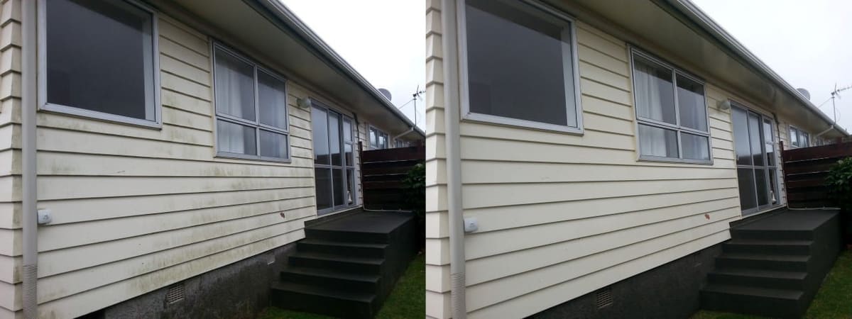Wellington house wash before and after, cream weatherboard side wall with green-and-black mould streaks before, clean even cream cladding after a soft-wash with biocide chemistry