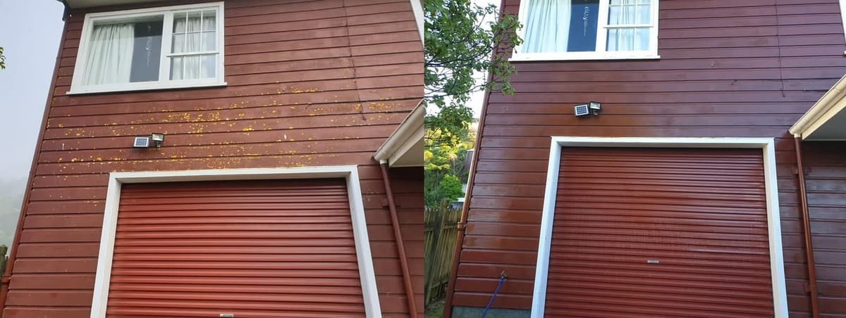 House washing in Crofton Downs, before and after a soft-wash treatment, exterior cladding lifted clean of moss, algae and weathering