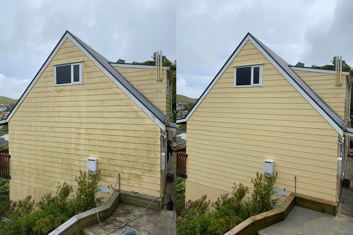 House washing in Crofton Downs, before and after a soft-wash treatment, exterior cladding lifted clean of moss, algae and weathering
