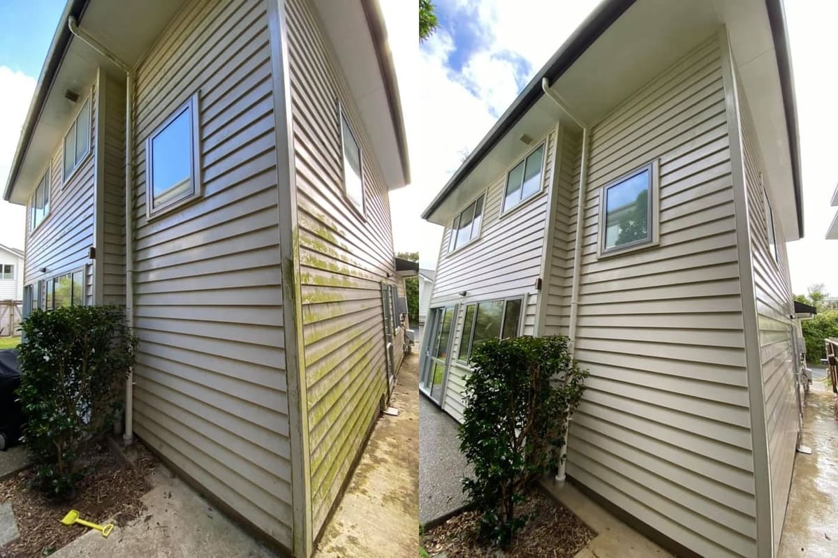 House washing in Crofton Downs, before and after a soft-wash treatment, exterior cladding lifted clean of moss, algae and weathering