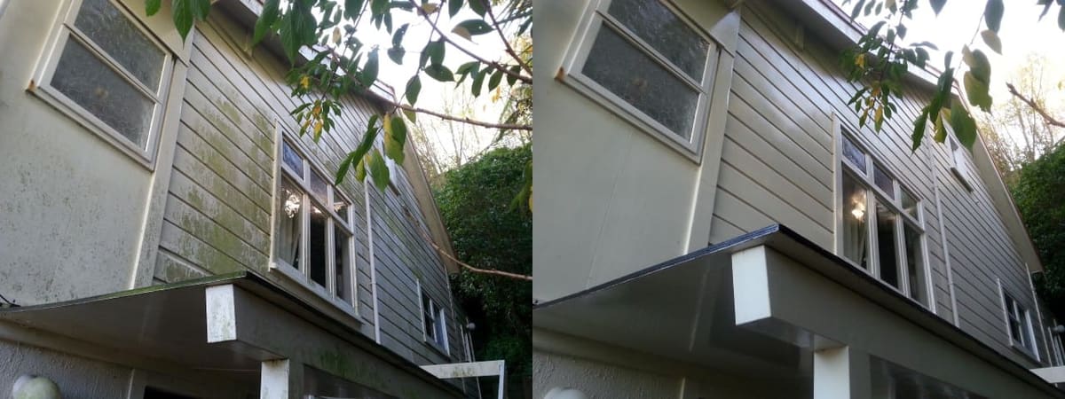 House washing in Johnsonville, before and after a soft-wash treatment, exterior cladding lifted clean of moss, algae and weathering