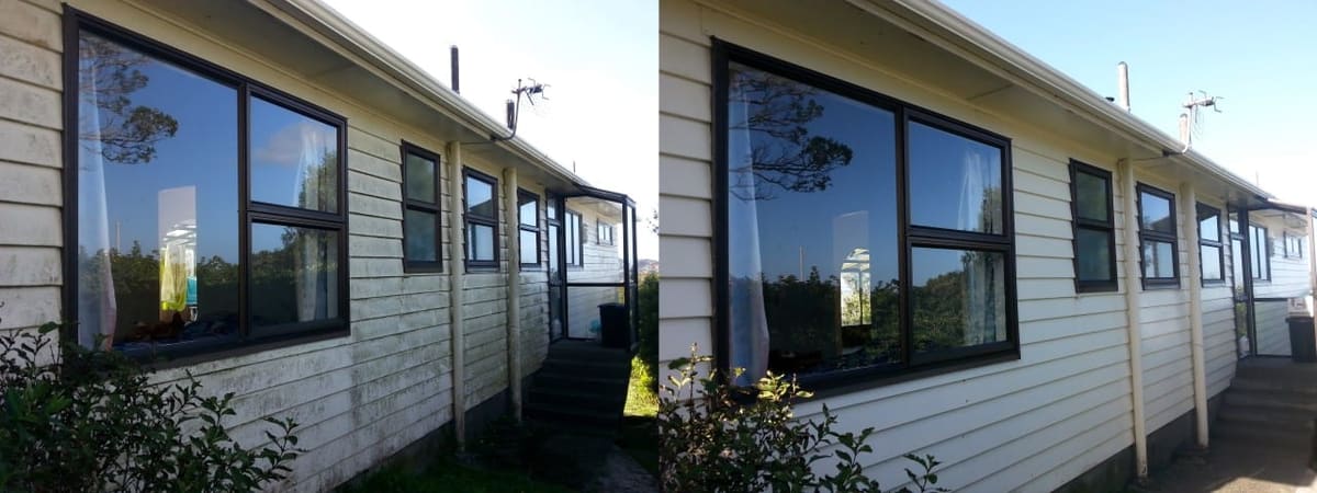 House washing in Johnsonville, before and after a soft-wash treatment, exterior cladding lifted clean of moss, algae and weathering