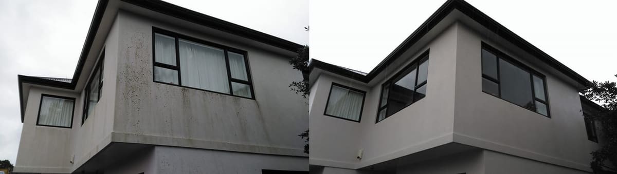 House washing in Johnsonville, before and after a soft-wash treatment, exterior cladding lifted clean of moss, algae and weathering