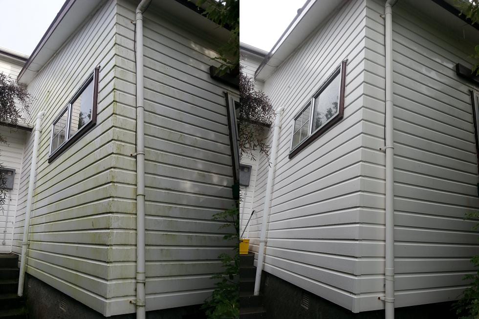House washing in Johnsonville, before and after a soft-wash treatment, exterior cladding lifted clean of moss, algae and weathering