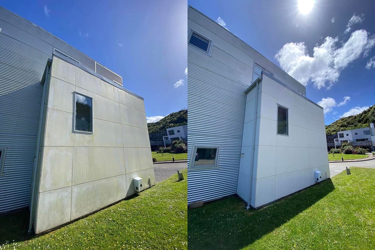 House washing in Karori, before and after a soft-wash treatment, exterior cladding lifted clean of moss, algae and weathering