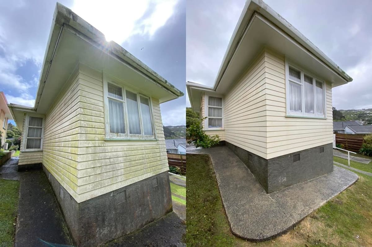 House washing in Karori, before and after a soft-wash treatment, exterior cladding lifted clean of moss, algae and weathering