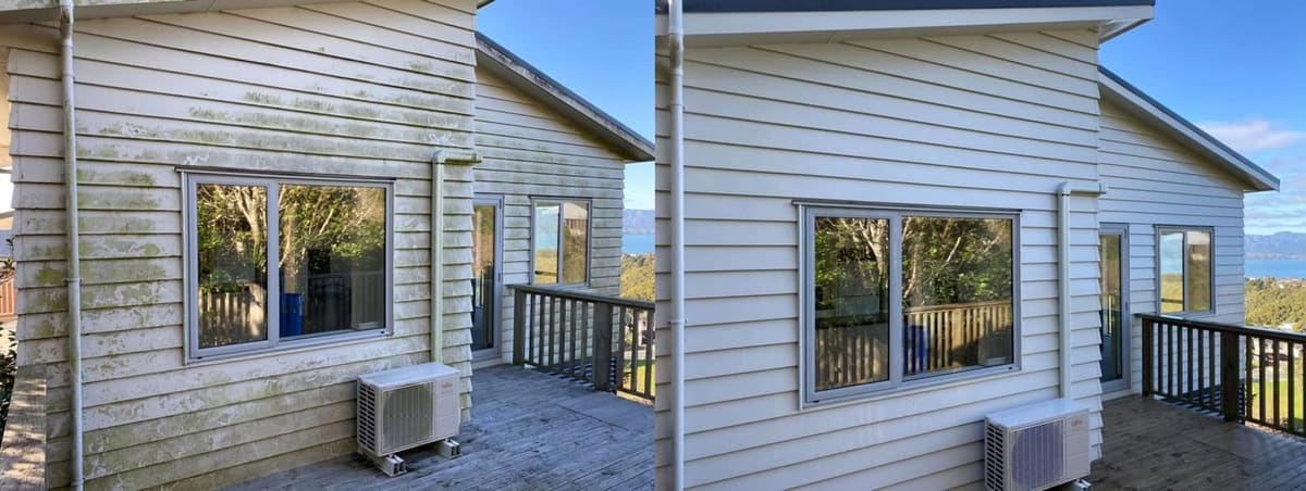 House washing in Khandallah, before and after a soft-wash treatment, exterior cladding lifted clean of moss, algae and weathering