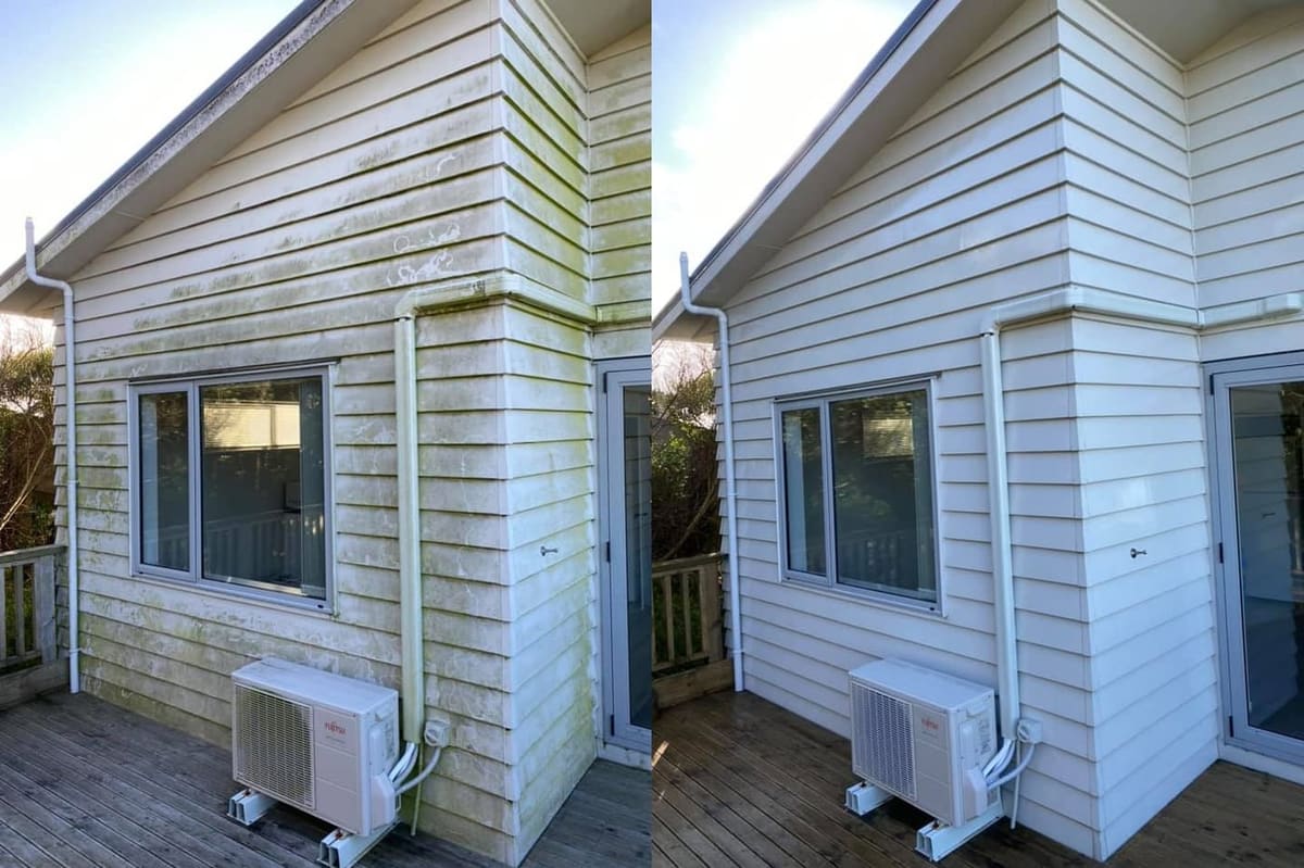 House washing in Khandallah, before and after a soft-wash treatment, exterior cladding lifted clean of moss, algae and weathering