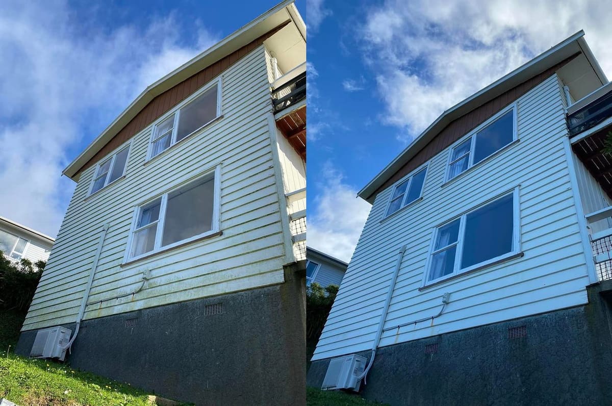 House washing in Newlands, before and after a soft-wash treatment, exterior cladding lifted clean of moss, algae and weathering