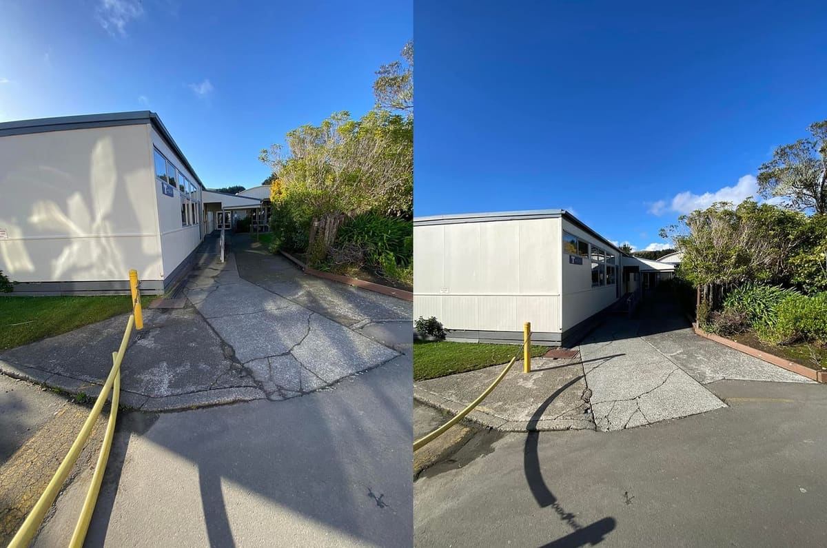 Wellington school exterior cleaning at Newlands College T Block, modular classroom exterior softwashed and biocide treated, lifting algae bloom from cream cladding and dark trim to a fresh finish.