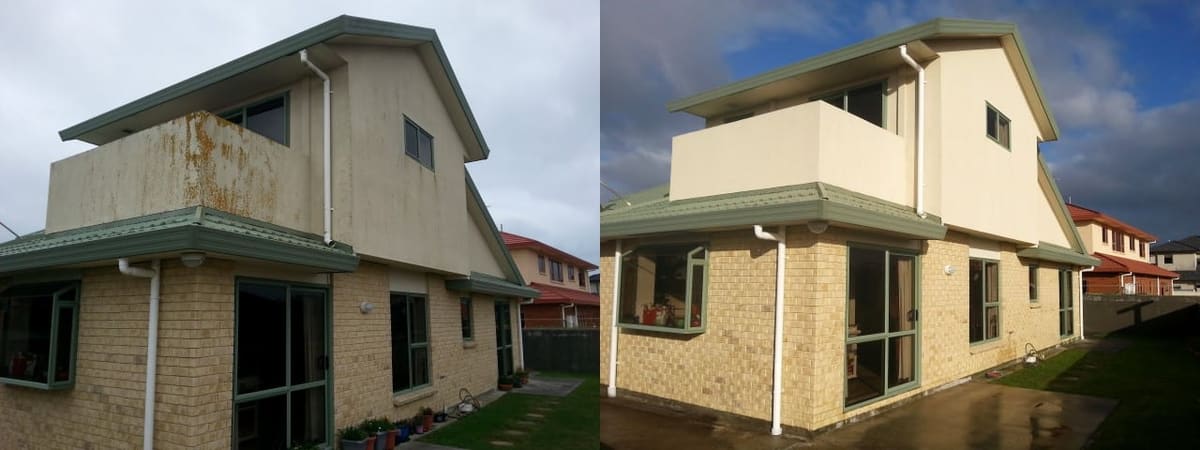 Wellington house wash before and after, two-storey plaster home with heavy rust staining and dirt streaks down the upper parapet before, clean even cream plaster after a wash and rust-stain treatment