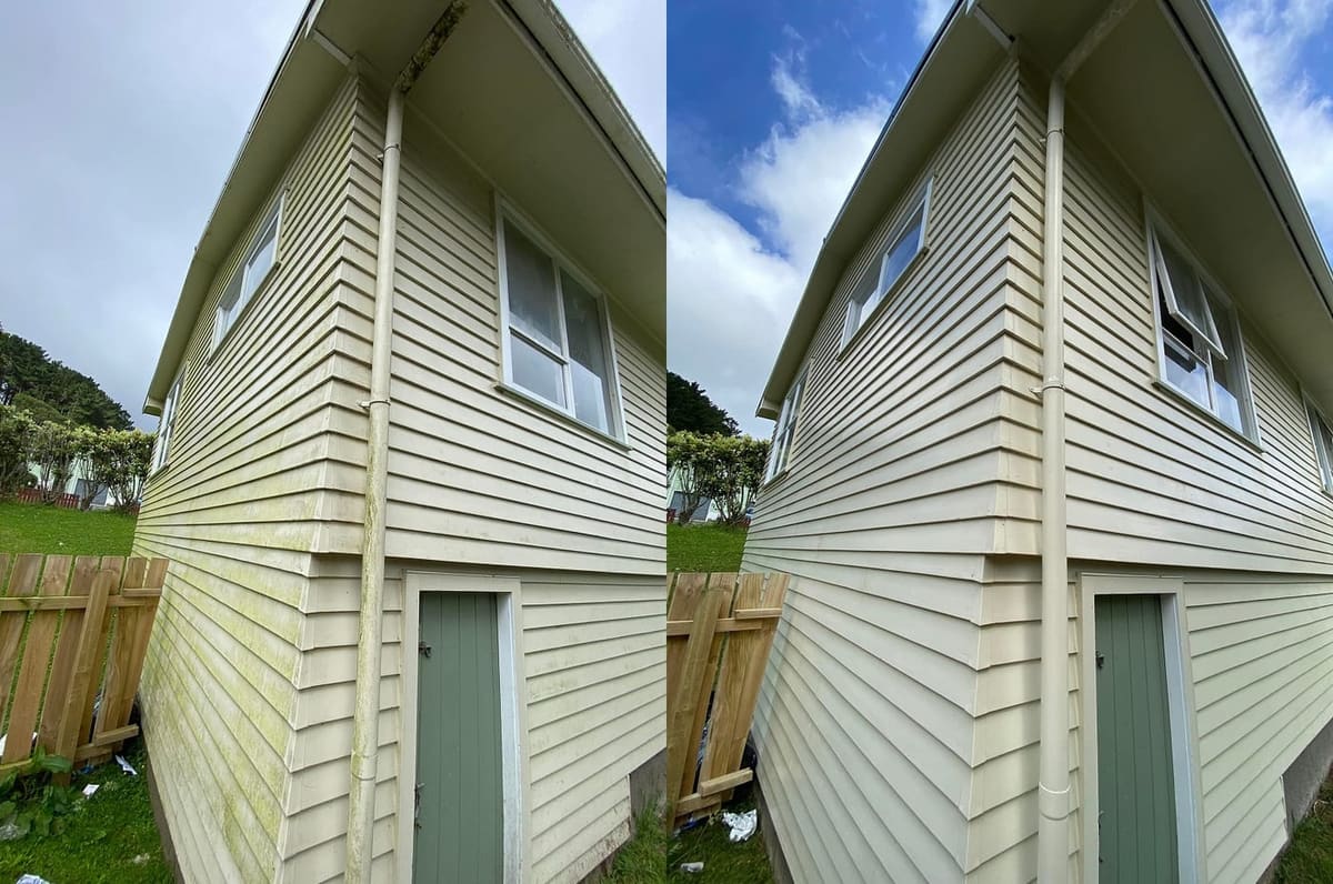 House washing in Porirua, before and after a soft-wash treatment, exterior cladding lifted clean of moss, algae and weathering