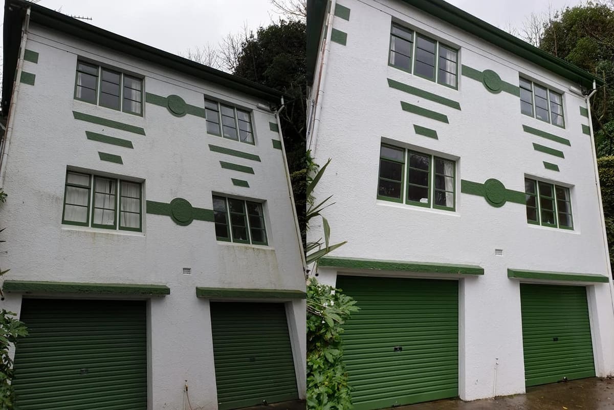 House washing in Te Aro, before and after a soft-wash treatment, exterior cladding lifted clean of moss, algae and weathering