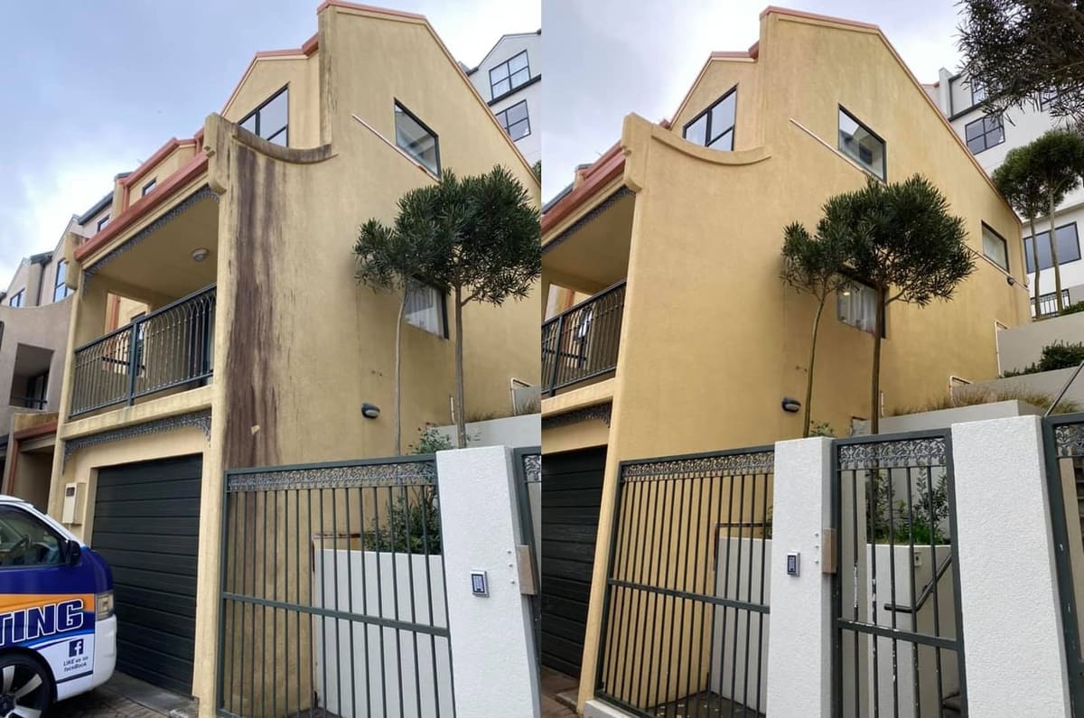 House washing in Thorndon, before and after a soft-wash treatment, exterior cladding lifted clean of moss, algae and weathering