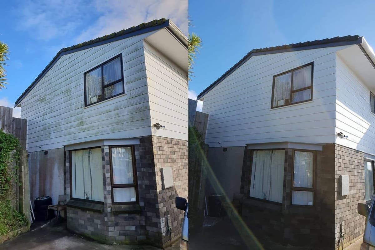 House washing in Titahi Bay, before and after a soft-wash treatment, exterior cladding lifted clean of moss, algae and weathering