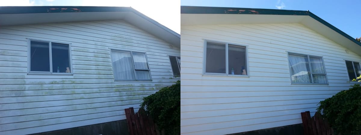 House washing in Titahi Bay, before and after a soft-wash treatment, exterior cladding lifted clean of moss, algae and weathering