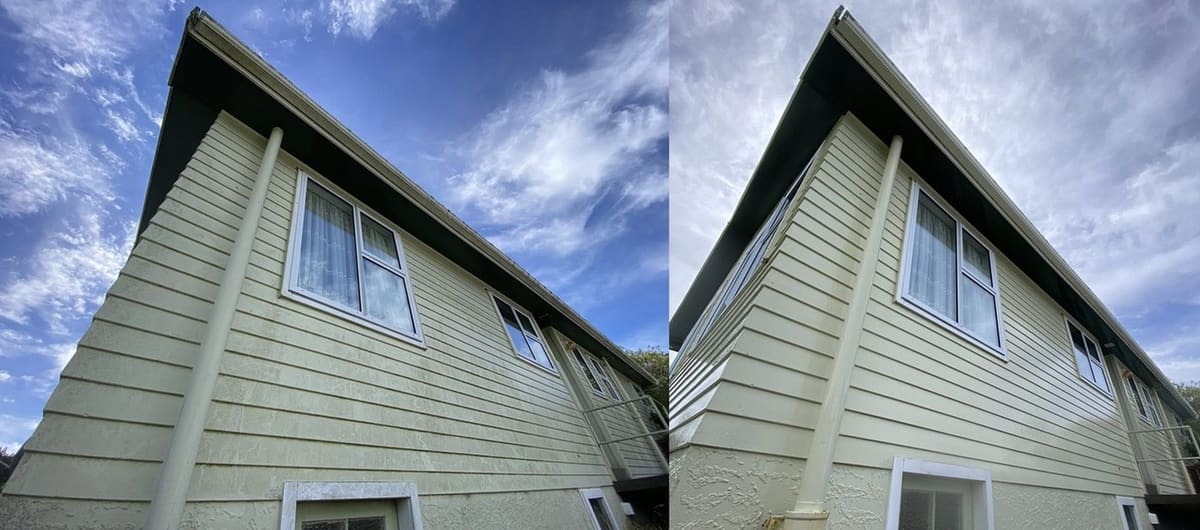 House washing in Wellington, two-storey cream weatherboard exterior with apex roofline before and after a soft-wash, subtle improvement in cleanliness across the cladding
