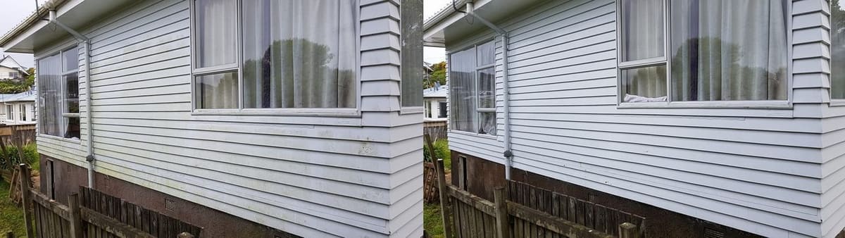 House washing in Johnsonville, side of a single-storey weatherboard house, subtle green algae streaks before, clean white weatherboard after