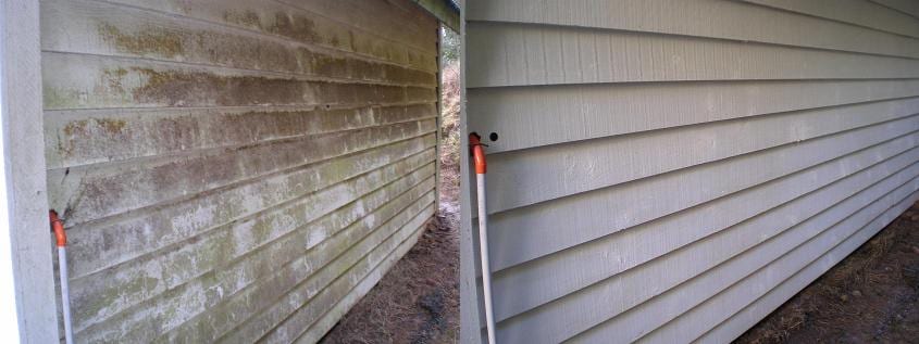 Wellington house wash before and after, long pale weatherboard side wall with dramatic black-and-green moss streaking before, clean even cladding after a soft-wash