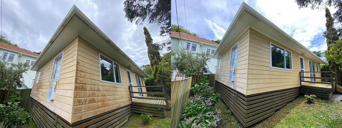 House washing in Wilton, before and after a soft-wash treatment, exterior cladding lifted clean of moss, algae and weathering