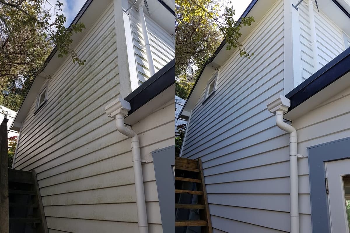 House washing in Wilton, before and after a soft-wash treatment, exterior cladding lifted clean of moss, algae and weathering