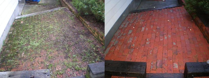 Wellington brick path cleaning, red brick courtyard path framed by retaining timbers, weed-choked before, clean restored brick paving after