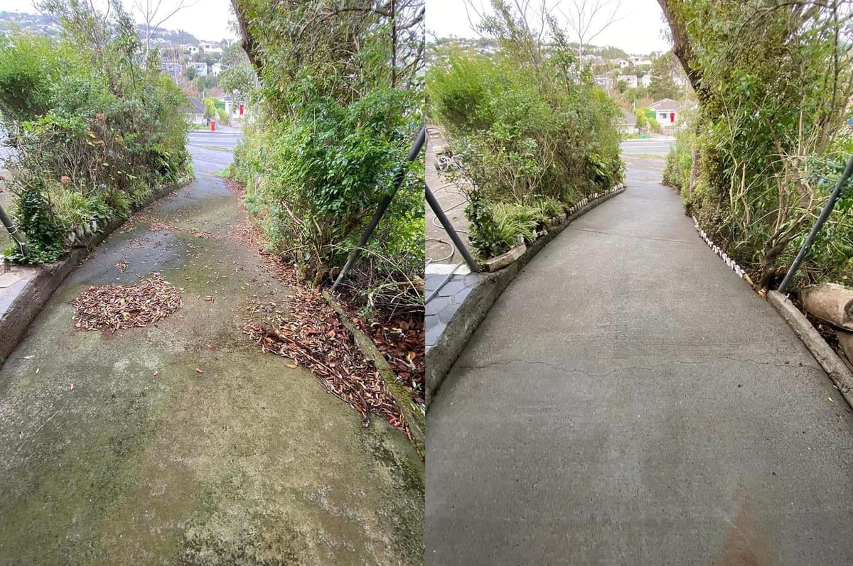 Wellington concrete path cleaning before and after, suburban concrete footpath with leaf litter, moss and grime before, clean even concrete after a high-pressure clean