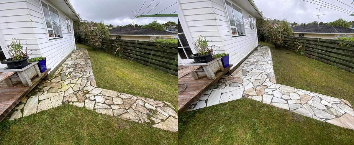 Path cleaning in Kelson, before and after, footpath or garden path cleared of moss, weeds and weathering