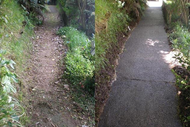 Path cleaning in Newlands, before and after, footpath or garden path cleared of moss, weeds and weathering