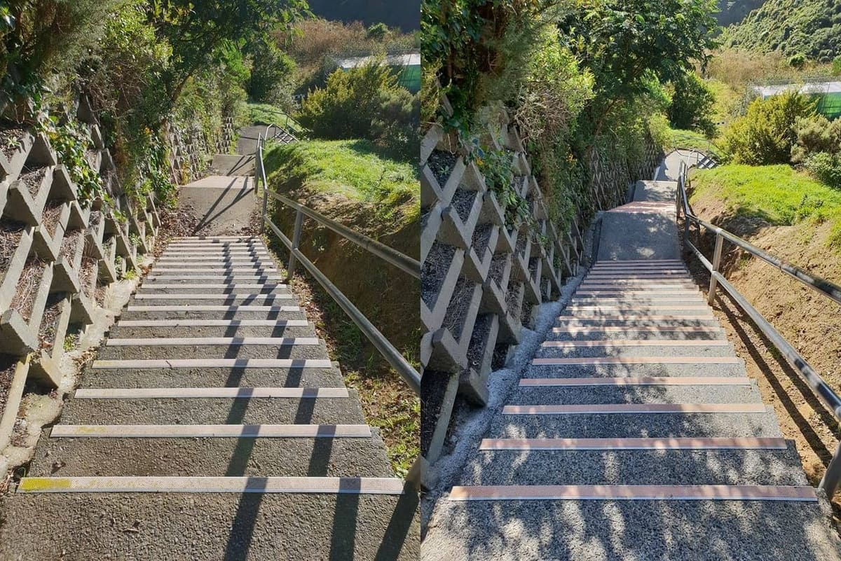 Wellington school path cleaning at Newlands College, embankment concrete stairs against a crib retaining wall pressure washed, lifting heavy organic film from treads and gravel rinse strip.