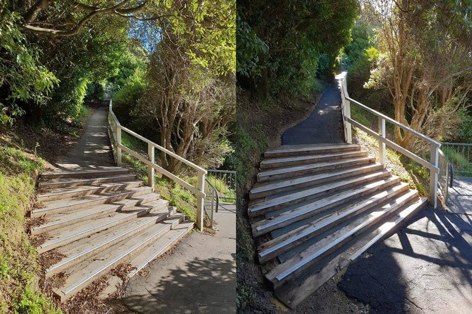 Wellington school path cleaning at Newlands College, bush lined timber tread stairs softwashed and rinsed, returning a clean asphalt run and bright treads ready for daily campus foot traffic.