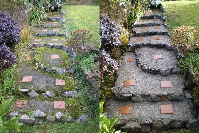 Wellington garden path cleaning, clay pavers laid into stone-edged steps through a hillside garden, weedy and mossy before, clean defined steps and pavers after