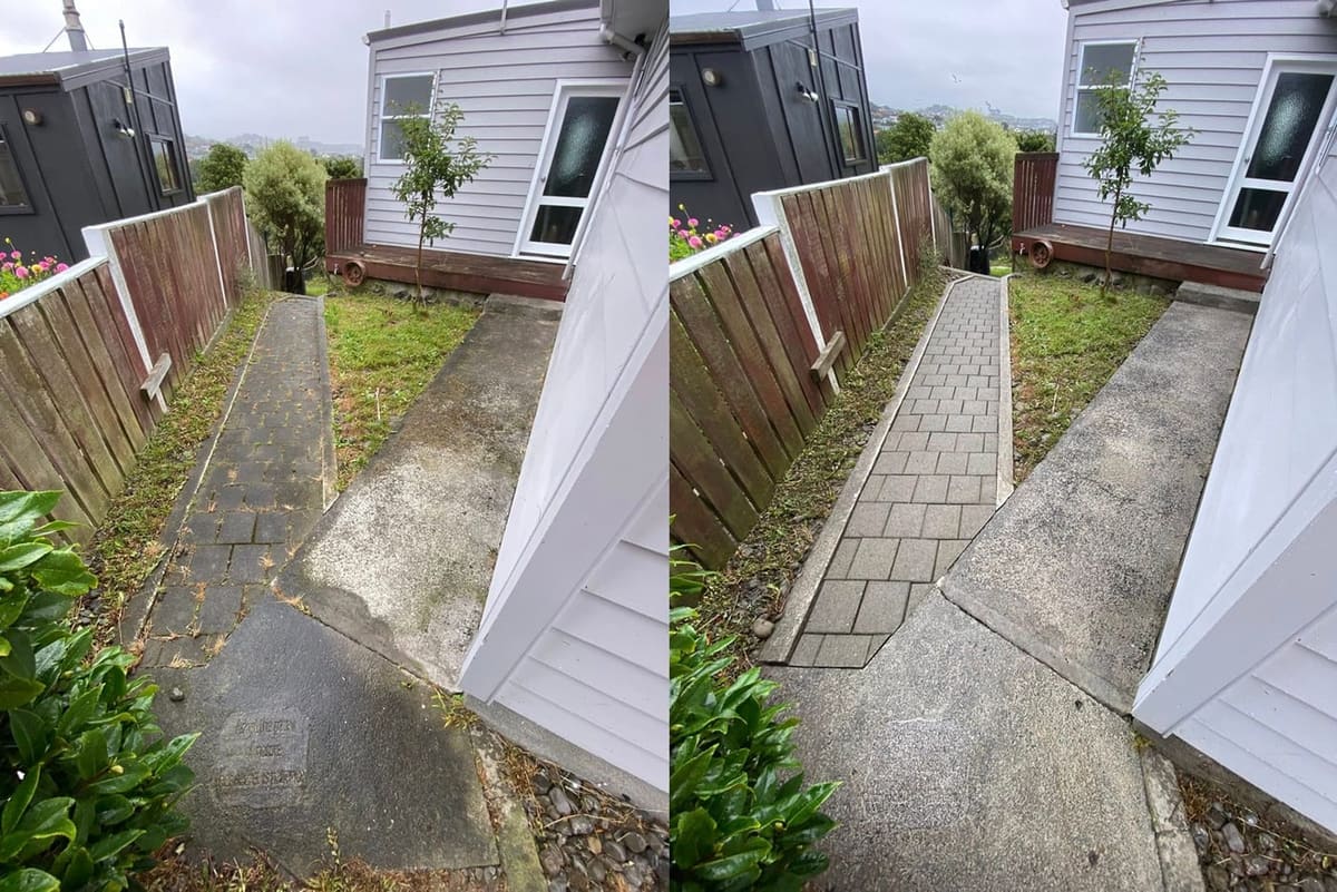 Path cleaning in Porirua, before and after, footpath or garden path cleared of moss, weeds and weathering