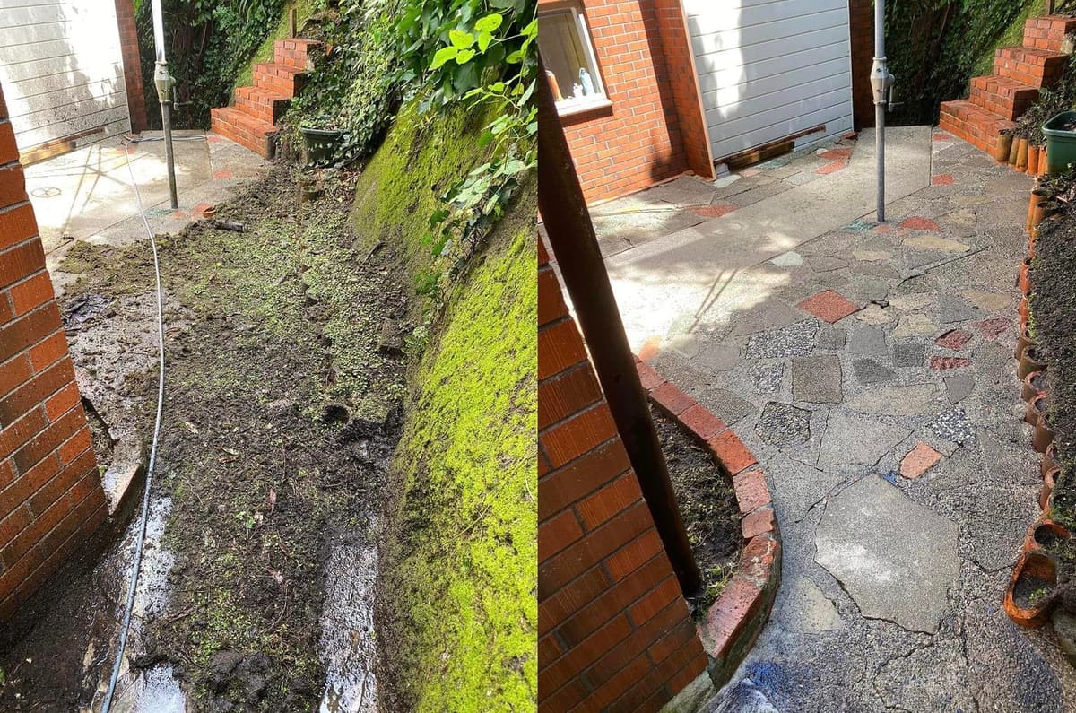 Path cleaning in Te Aro, before and after, footpath or garden path cleared of moss, weeds and weathering