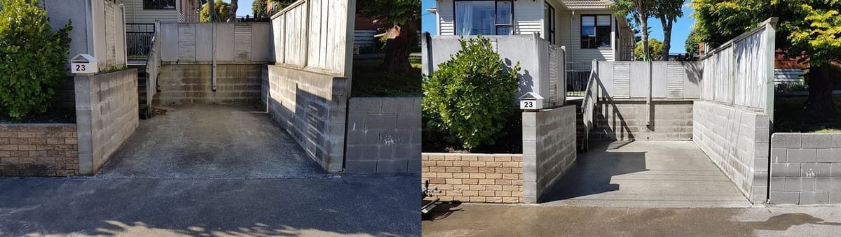 Path cleaning in Johnsonville, concrete vehicle ramp leading down between concrete-block retaining walls to a basement garage, dirty before, clean light concrete after