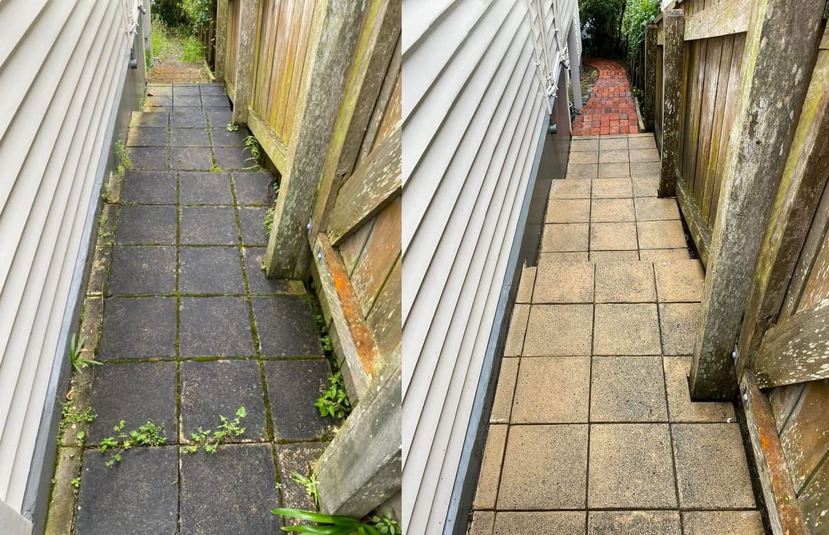 Path cleaning in Wadestown, before and after, footpath or garden path cleared of moss, weeds and weathering
