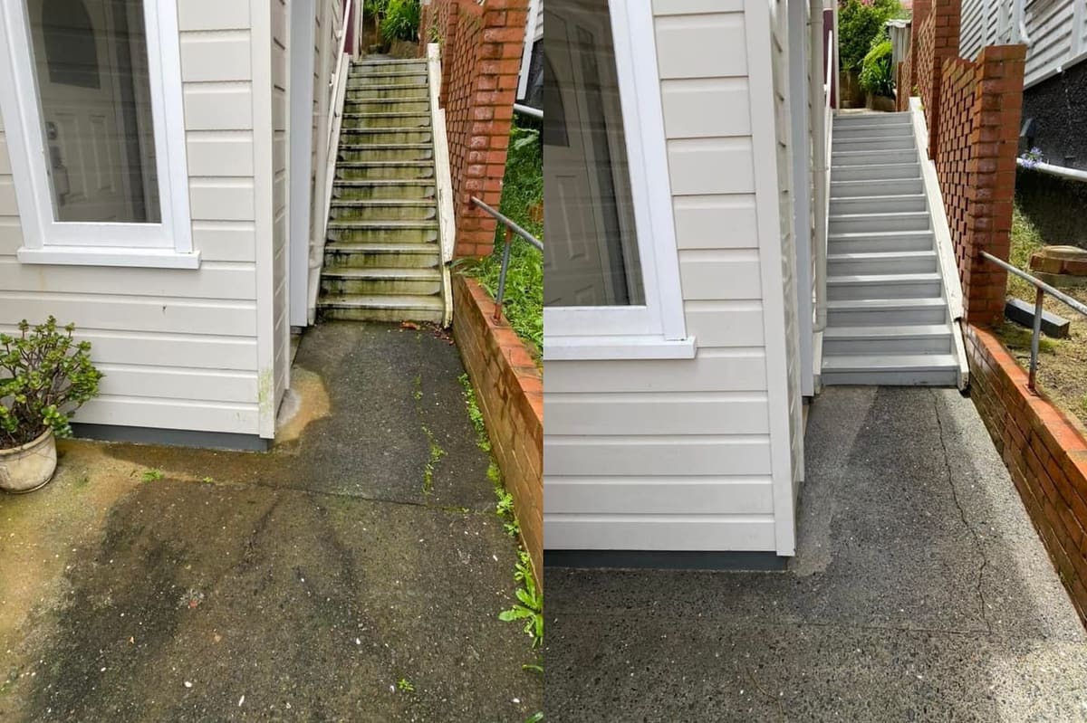 Path cleaning in Wadestown, before and after, footpath or garden path cleared of moss, weeds and weathering