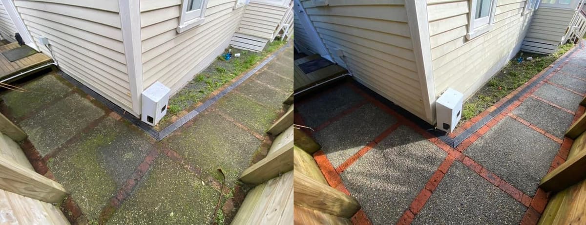 Path cleaning in Wainuiomata, before and after, footpath or garden path cleared of moss, weeds and weathering