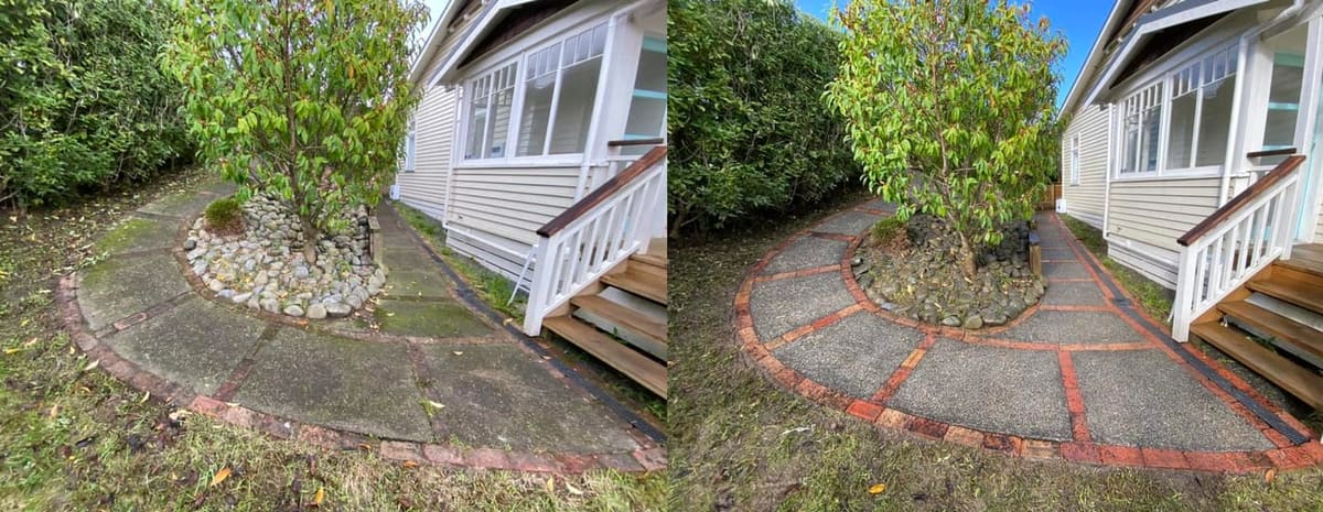 Path cleaning in Wainuiomata, before and after, footpath or garden path cleared of moss, weeds and weathering