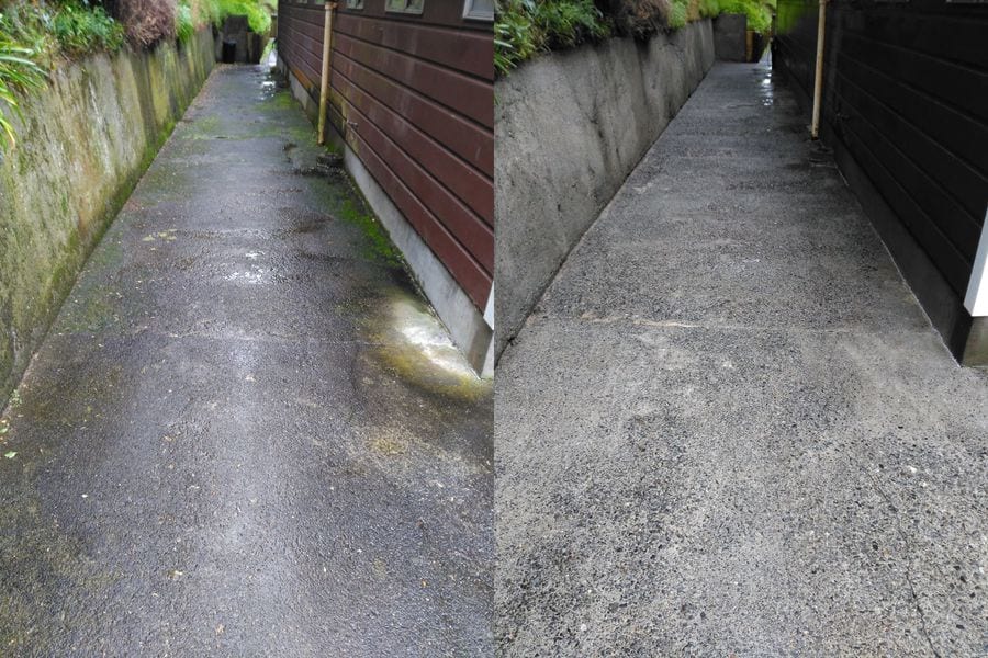 Path cleaning in Wilton, before and after, footpath or garden path cleared of moss, weeds and weathering