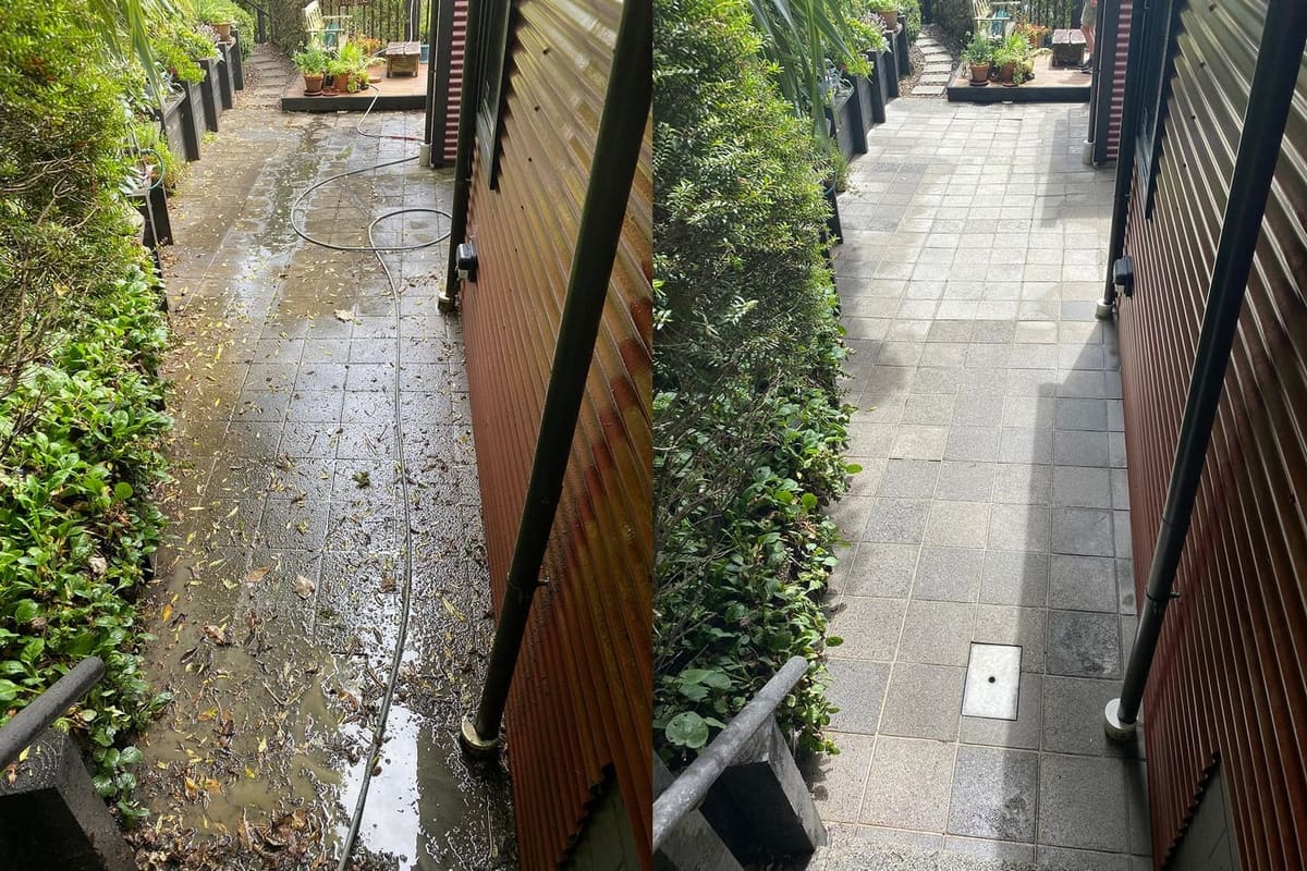 Path cleaning in Wilton, before and after, footpath or garden path cleared of moss, weeds and weathering