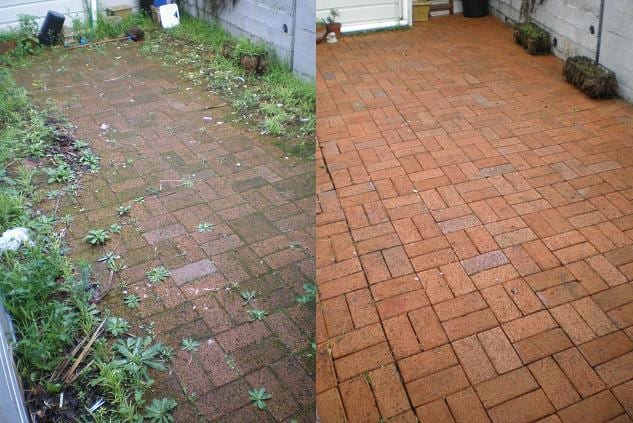 Wellington courtyard patio cleaning, red brick paver courtyard with heavy weeds and grime before, clean restored brick paving after a high-pressure clean