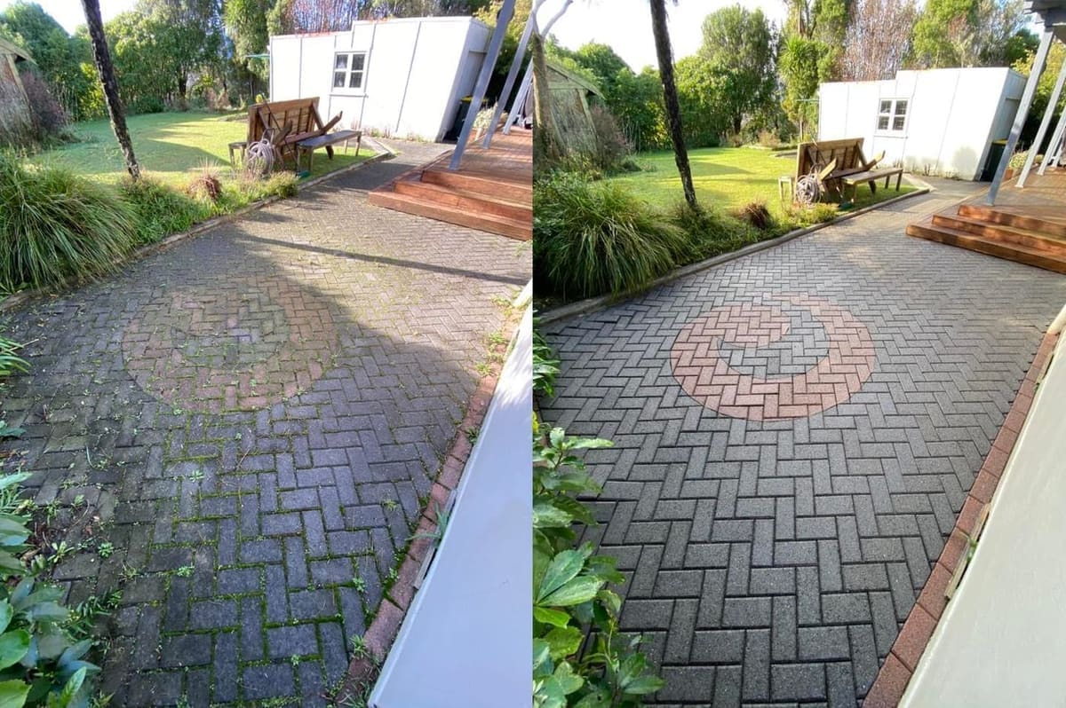 Wellington paver patio cleaning before and after, charcoal herringbone paver patio with mossy weed-choked joints and a red brick circle feature before, vibrant clean pavers after a high-pressure clean
