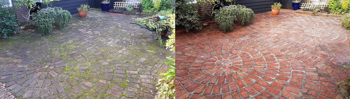 Wellington patio cleaning before and after, circular clay-brick paver patio choked with moss and weeds before, vibrant red brick pattern restored after a high-pressure clean