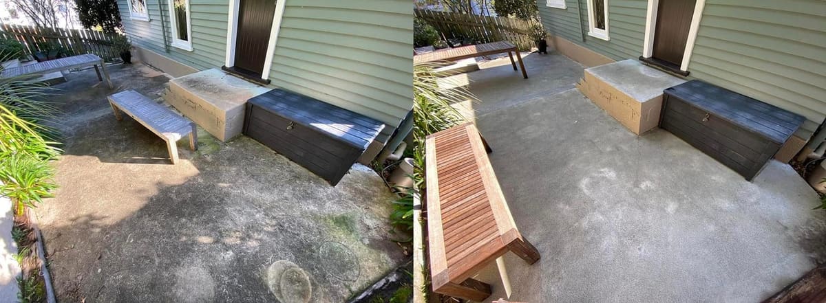Patio cleaning in Hataitai, before and after, paver or brick surface restored from weathered grey to clean original colour