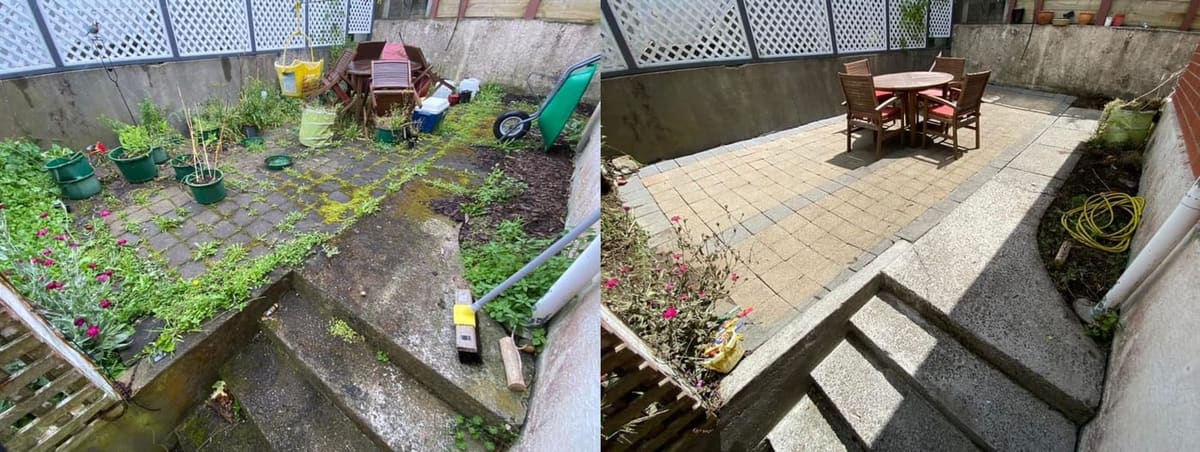 Patio cleaning in Khandallah, before and after, paver or brick surface restored from weathered grey to clean original colour