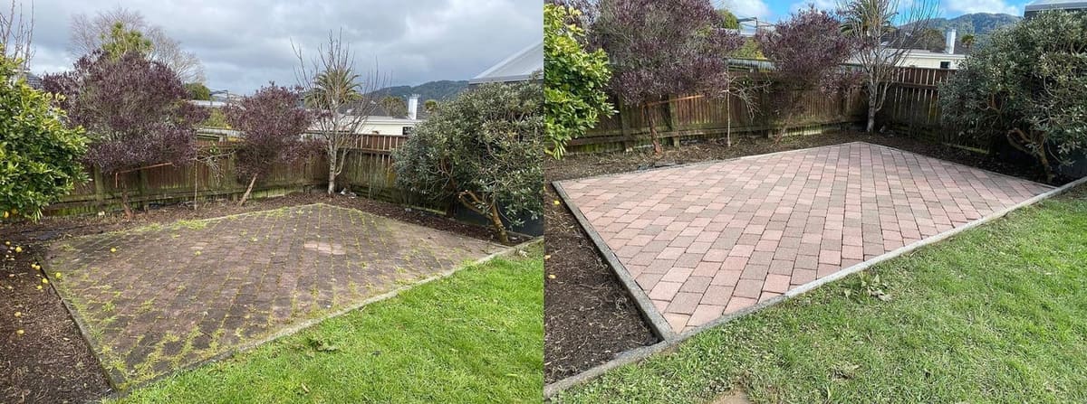 Wellington patio cleaning before and after, scrappy weed-covered paver patch in a rear yard before, fresh clean rectangular paver patio with crisp edging after restoration