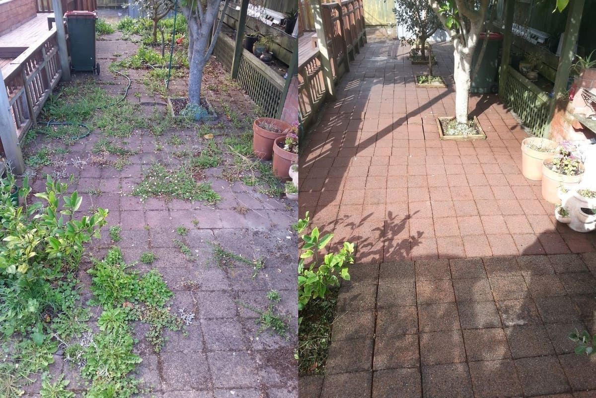 Patio cleaning in Naenae, backyard paver patio with weeds growing in the joints before, clean restored pavers after