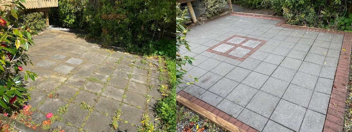 Patio cleaning in Seaview, before and after, paver or brick surface restored from weathered grey to clean original colour