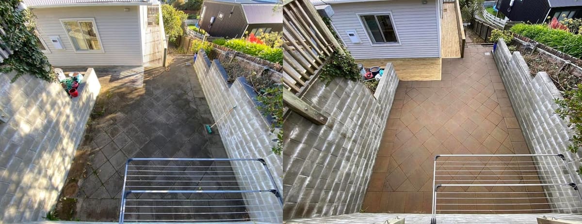 Wellington tiled patio cleaning before and after, sunken tiled courtyard between retaining walls with mould-darkened tiles before, bright clean terracotta tiles after a high-pressure clean